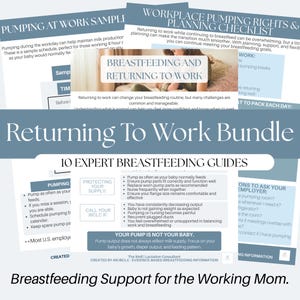 Könnte beinhalten: Ein digitales Paket mit 10 Stillratgebern unter dem Titel Returning To Work Bundle. Die Dokumente enthalten Texte zum Abpumpen am Arbeitsplatz, zu Rechten am Arbeitsplatz, Checklisten und Expertenratschläge zur Milchproduktion.