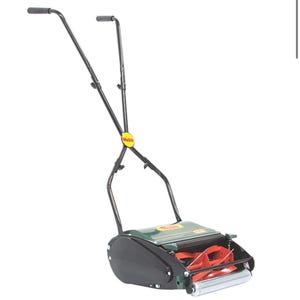 May include: A manual push lawn mower with a dark green and black metal body, featuring orange cutting blades and a silver front roller. The handle is black with two grips and a yellow circular logo with the text Webb in the center.