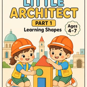 Pode incluir: Uma capa de livro intitulada Little Architect Part 1 Learning Shapes Ages 4-7 com o texto Trace - Draw - Color - Design. A ilustração mostra duas crianças com capacetes laranja e coletes amarelos construindo com blocos geométricos.