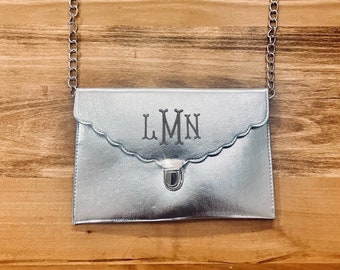Monogram Vegan Leather Crossbody Bag - Silver Chain Purse