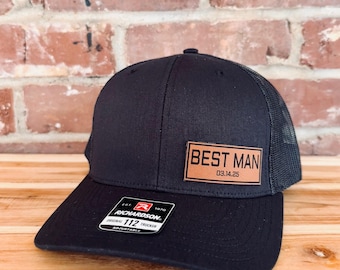 Leather Patch Groomsman Hat - Wedding Title Hat - Leather Patch Cap - Bachelor Party Hats - Groomsman Gift - Trucker Hat for Wedding