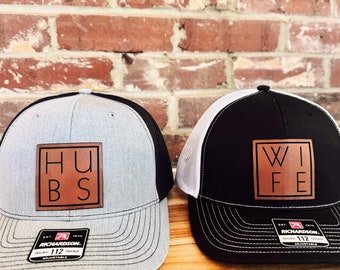 Custom Hubs & Wife Hats - Set of 2 Wedding Hats - Bride and Groom Hats - His and Hers Cap - Leather Patch Hat - Bride Cap - Groom Cap