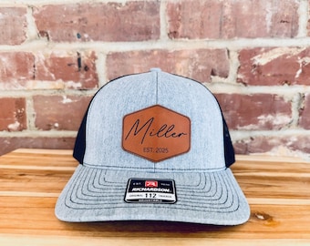 Custom Leather Patch Trucker Hat - Last Name Hat - Wedding Party - Groomsmen Caps - Bachelor Party Gift - Gift for Men - Personalized Hats