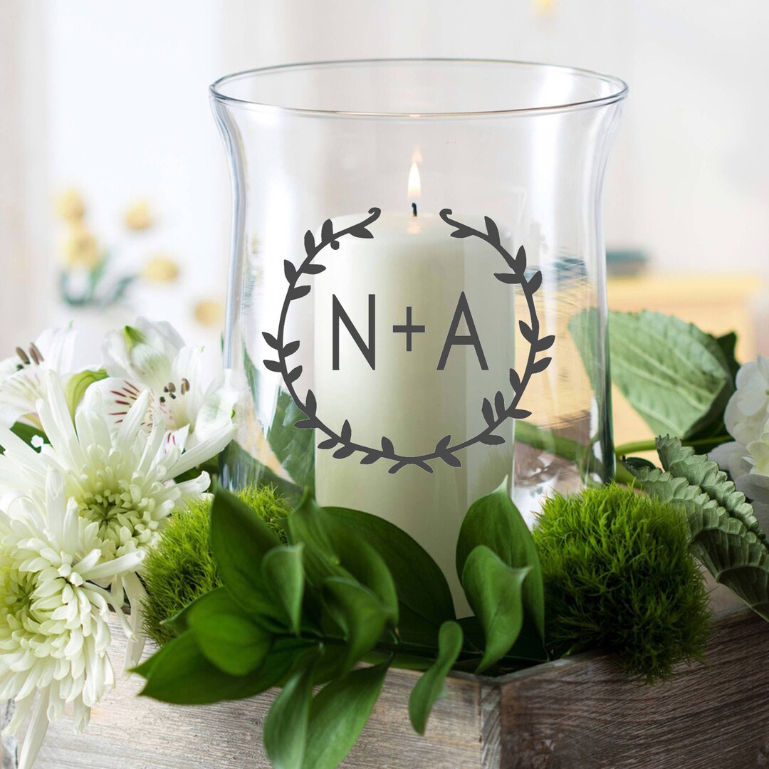 Unity Candle Holder Set Wreath & Initials Vinyl Wedding Monogram Glass