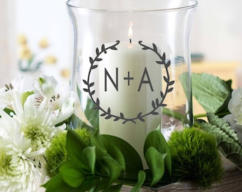 Unity Candle Holder Set - Wreath & Initials - Vinyl Wedding Monogram - Glass Candle Holder - Unity Candle - Unity Ceremony - Unity Set