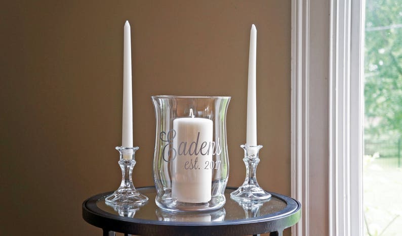 Unity Candle Holder Set Name & Est. Vinyl Wedding Monogram Glass Candle Holder Wedding Candle Unity Ceremony Unity Set image 5