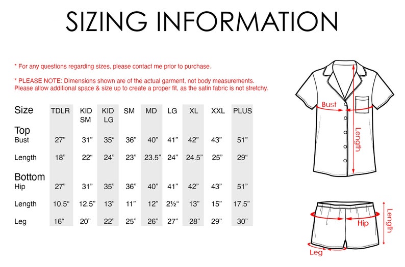 May include: Sizing chart for a top and bottom garment. The chart shows measurements in inches for bust, length, hip, and leg. The chart includes sizes for toddler, kid small, kid large, small, medium, large, extra large, extra extra large, and plus sizes.
