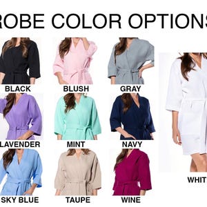 a collection of color options for robes, including black, pink, gray, lavender, mint, navy, white, sky blue, taupe, and wine.