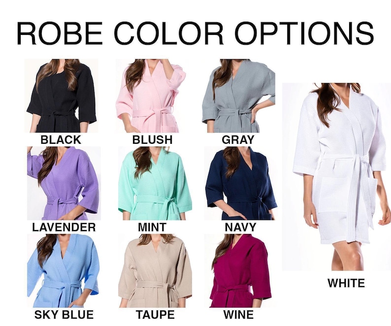 a collection of color options for robes, including black, pink, gray, lavender, mint, navy, white, sky blue, taupe, and wine.