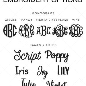 a collection of monogram designs, including circle monograms, fancy monograms, fishtail monograms, and vine monograms, along with names and titles.