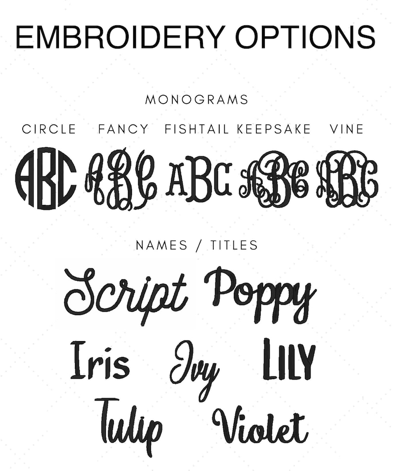 a collection of monogram designs, including circle monograms, fancy monograms, fishtail monograms, and vine monograms, along with names and titles.
