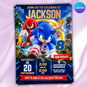 May include: A birthday invitation flyer featuring Sonic the Hedgehog, Knuckles, and Tails. The text reads JOIN US TO CELEBRATE! JACKSON, 8TH BIRTHDAY, SATURDAY 20 SEPTEMBER, 3:00 PM TO 6:00 PM, JACKSON'S RESIDENCE 123 ANY STREET, ANY CITY, ZIP, RSVP TO 123-456-789.