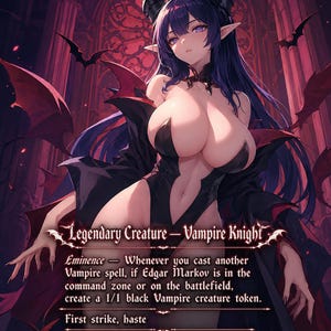 May include: A trading card featuring the character Edgar Markov, depicted as a purple-haired vampire with horns and pointed ears. The card text includes the name Edgar Markov, Legendary Creature - Vampire Knight, and game mechanics with a 4/4 power and toughness rating.
