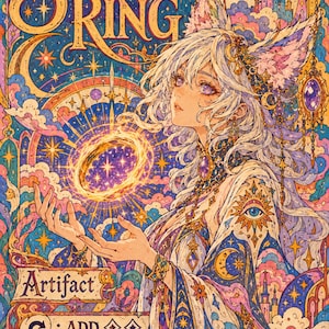 Puede incluir: Una vibrante ilustración digital titulada Sol Ring 1 que muestra a un personaje con cabello blanco y orejas de animal vistiendo túnicas ornamentadas. El personaje sostiene un anillo dorado brillante sobre un fondo de estrellas, nubes, un castillo y el texto Artifact y C: ADD.