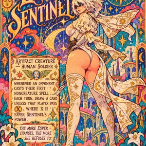May include: A colorful fantasy trading card titled Esper Sentinel featuring a white-haired character in a white outfit with gold star and moon patterns. The card text describes an artifact creature human soldier with game rules and a 1/1 power.