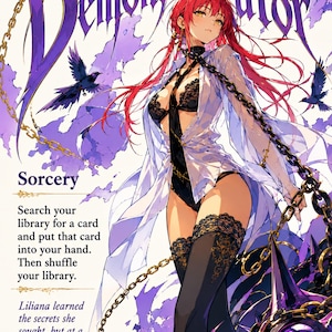 Puede incluir: Una ilustración de fantasía de un personaje con cabello largo rojo, vistiendo un body de encaje negro, camisa blanca transparente y medias negras, rodeado de cadenas doradas y humo morado. El texto dice Demonic Tutor, Sorcery.