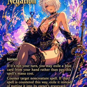 Puede incluir: Una carta coleccionable Force of Negation con la ilustración de un personaje de pelo blanco y orejas de animal, que viste un traje morado oscuro con detalles dorados, sostiene una copa y está sentado junto a una espada sobre un fondo floral azul y morado.
