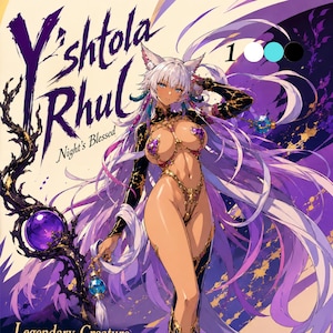 Puede incluir: Una ilustración digital de Y'shtola Rhul Night's Blessed que muestra a un personaje con cabello largo morado, orejas de gato y piel oscura. El personaje viste un atuendo adornado en dorado y negro con detalles morados, sosteniendo un bastón.