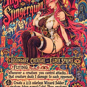 May include: A fantasy trading card featuring a pink-haired character with bat wings, wearing a white and black outfit. The card text reads Ingris Stingerquin, Legendary Creature - Elder Sphinx, Flying, and includes game rules and a 1/4 power toughness.