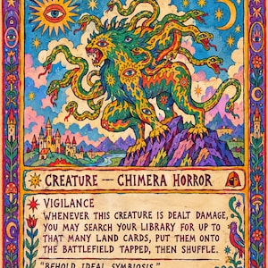 May include: A rectangular game card titled Hexhaven Invigorator featuring a multi-headed chimera creature with green and yellow fur standing on a purple mountain. The card includes text describing creature abilities, a 6/6 power rating, and a colorful border with sun, moon, and eye motifs.