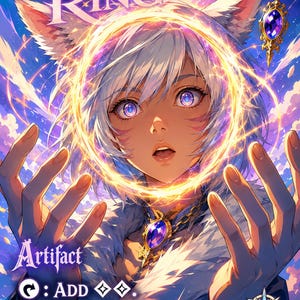 Puede incluir: Una carta coleccionable titulada Sol Ring con la ilustración de un personaje de pelo blanco y orejas de animal rodeado por un anillo dorado brillante. La carta incluye el texto Artifact, el símbolo de girar, ADD y el número 1 en la esquina.
