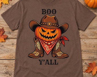 Boo Y’all Western Halloween Shirt, Cowboy Pumpkin Graphic Tee, Espresso Brown Fall T-Shirt