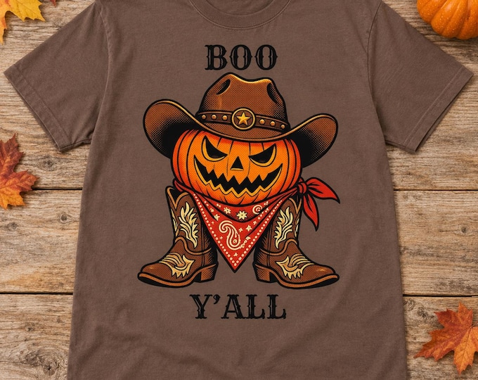 Boo Y’all Western Halloween Shirt, Cowboy Pumpkin Graphic Tee, Espresso Brown Fall T-Shirt