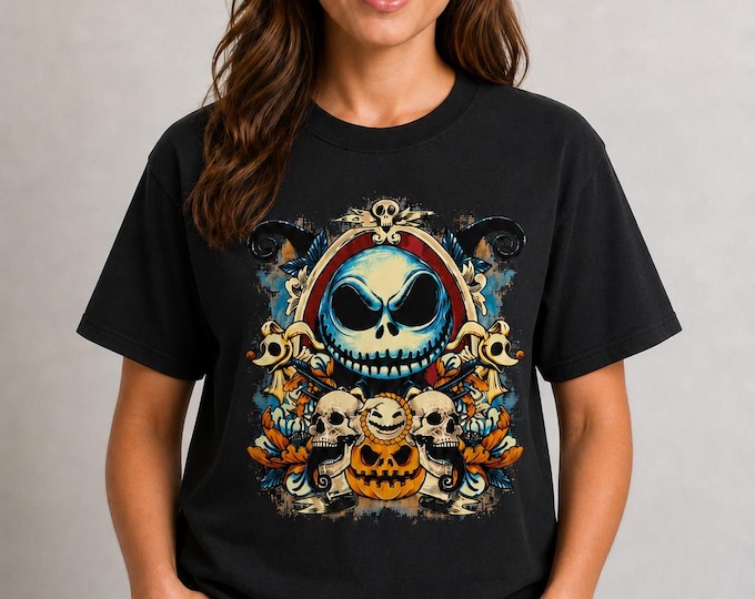 Gothic Halloween Skeleton Pumpkin Shirt, Colorful Skull Graphic Tee (Unisex)