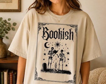 Bookish Skeleton Reader T-Shirt, Gothic Black Print on Beige Unisex Tee