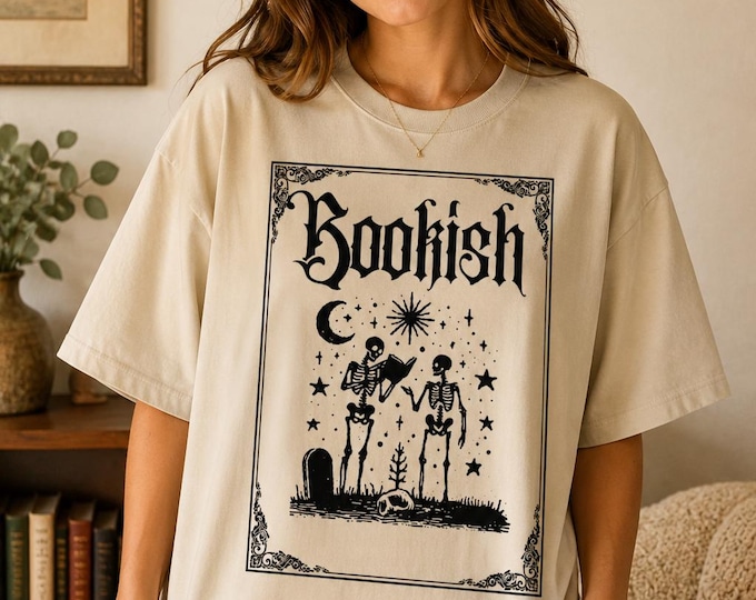 Bookish Skeleton Reader T-Shirt, Gothic Black Print on Beige Unisex Tee