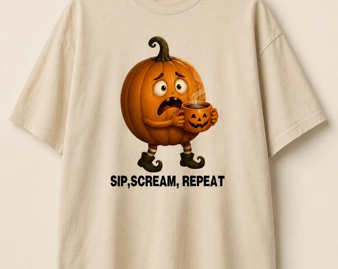 Sip Scream Repeat Pumpkin Coffee Shirt, Spooky Halloween Fall Oversized Tee