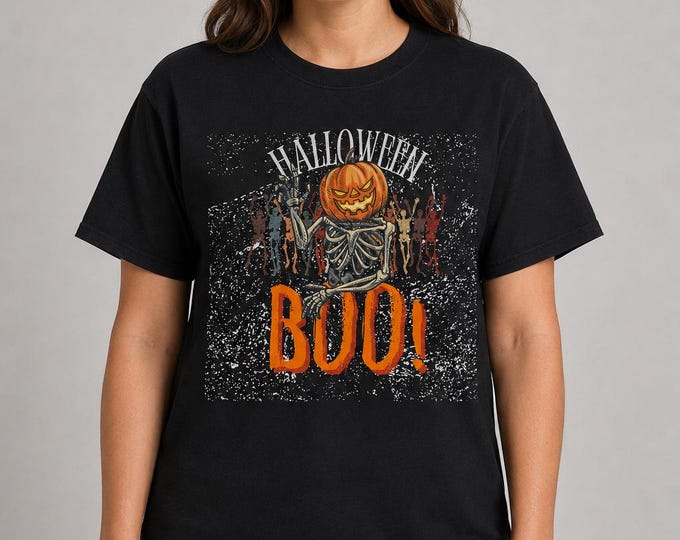 Halloween Skeleton T-Shirt, Pumpkin Head Boo Graphic