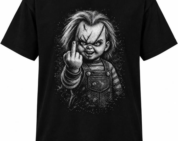 Chucky Horror Graphic Tee, Black-and-White Halftone Doll Shirt (Made to Order)