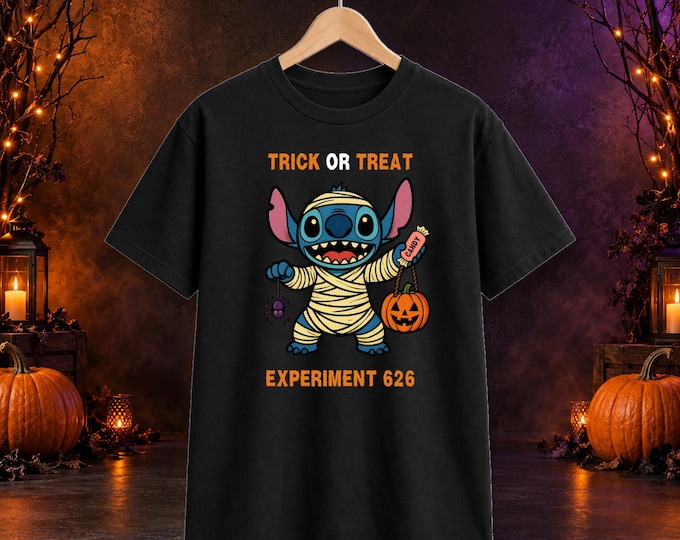 Stitch Mummy Halloween Shirt, Experiment 626 Trick or Treat Tee, Unisex Black Graphic T-Shirt