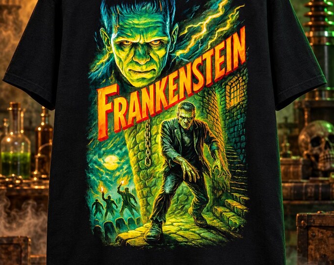 Frankenstein Monster T-Shirt, Black Cotton Retro Horror Halloween Graphic