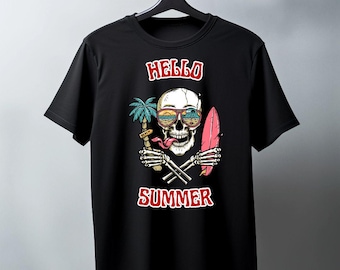 Hello Summer  Skull Beach T-Shirt Tropical Surfing Vacation Tee
