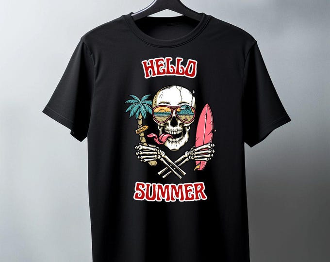 Hello Summer  Skull Beach T-Shirt Tropical Surfing Vacation Tee