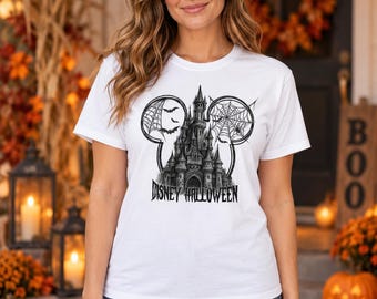 Disney Halloween Castle Shirt, White Gothic Graphic Tee with Bats and Spiderwebs