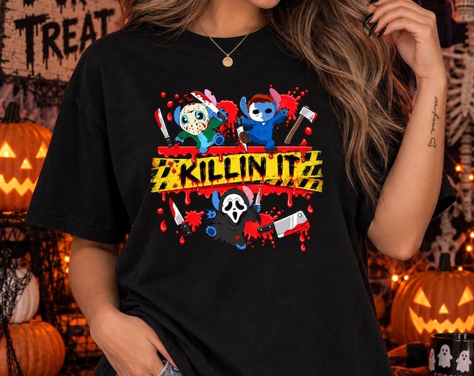 Stitch Horror Halloween Shirt, Slasher Movie Characters, Bloody Design (Black T-Shirt)