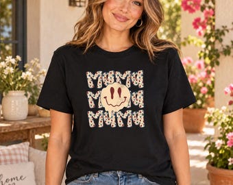 Retro Smiley Face Mama Tee, Patriotic Stars, Distressed Graphic T-Shirt (Black)