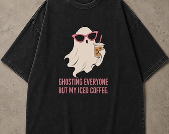Ghost Iced Coffee T-Shirt, Funny Halloween Tee, Oversized Vintage Style