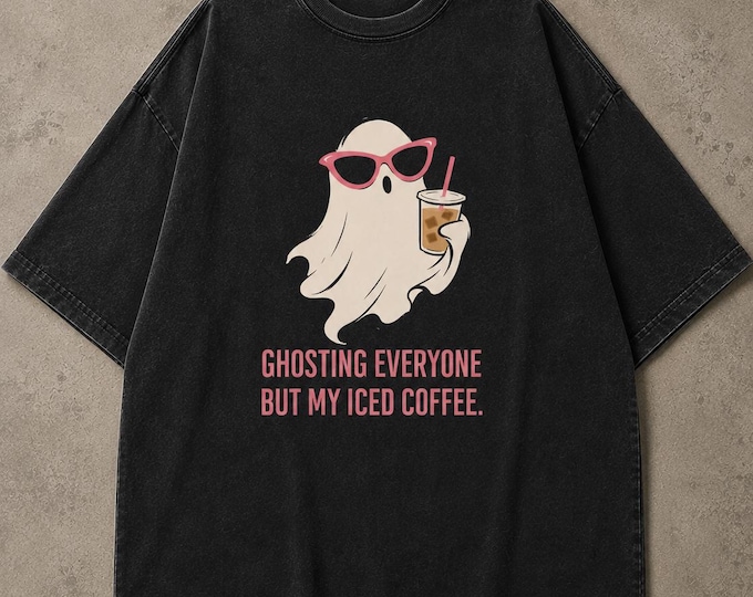 Ghost Iced Coffee T-Shirt, Funny Halloween Tee, Oversized Vintage Style