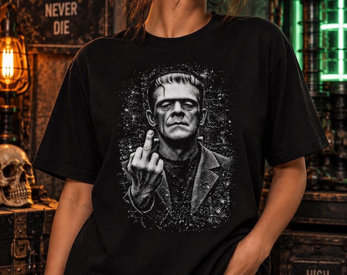 Vintage Frankenstein Horror T-Shirt, Gothic Halftone Monster Tee (Black)