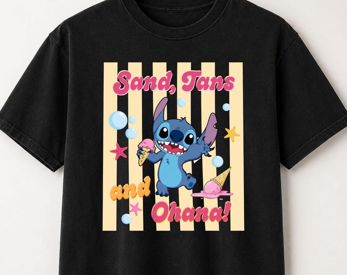 Sand, Tans, and Ohana! Stitch Ice Cream Beach Vacation Tee – Summer Cotton Shirt