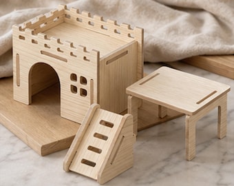 Castillo de madera tipo escondite / Casa natural con plataforma y rampa / Muebles para jaulas de animales pequeños