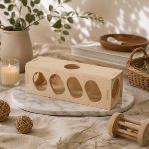 May include: A rectangular light-coloured wooden box featuring four oval-shaped cutouts along the front side and a single circular hole on the top surface. The box is constructed with visible interlocking joints at the corners and has a smooth finish.