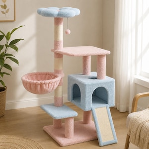 May include: A multi-level cat tree featuring a light blue flower-shaped top perch, a pink circular hammock, a light blue square cubby, and a ramp. The structure includes pink and blue carpeted platforms and sisal-wrapped scratching posts.