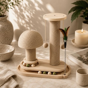 May include: A cat scratching post featuring a mushroom-shaped structure and a tall cylindrical post, both wrapped in beige sisal rope. The wooden base includes a track with small wooden and green balls, and a spring-mounted feather toy.