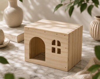 Wooden Hideout House | Natural Small Animal Shelter with Flat Roof | Cozy Cage