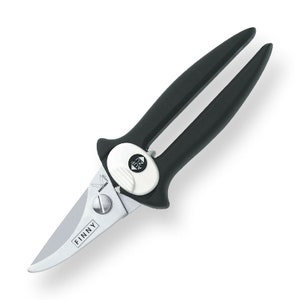 May include: A black handled kitchen shears with a silver blade and a white safety lock. The shears are labeled "Finny" and "Kershaw".